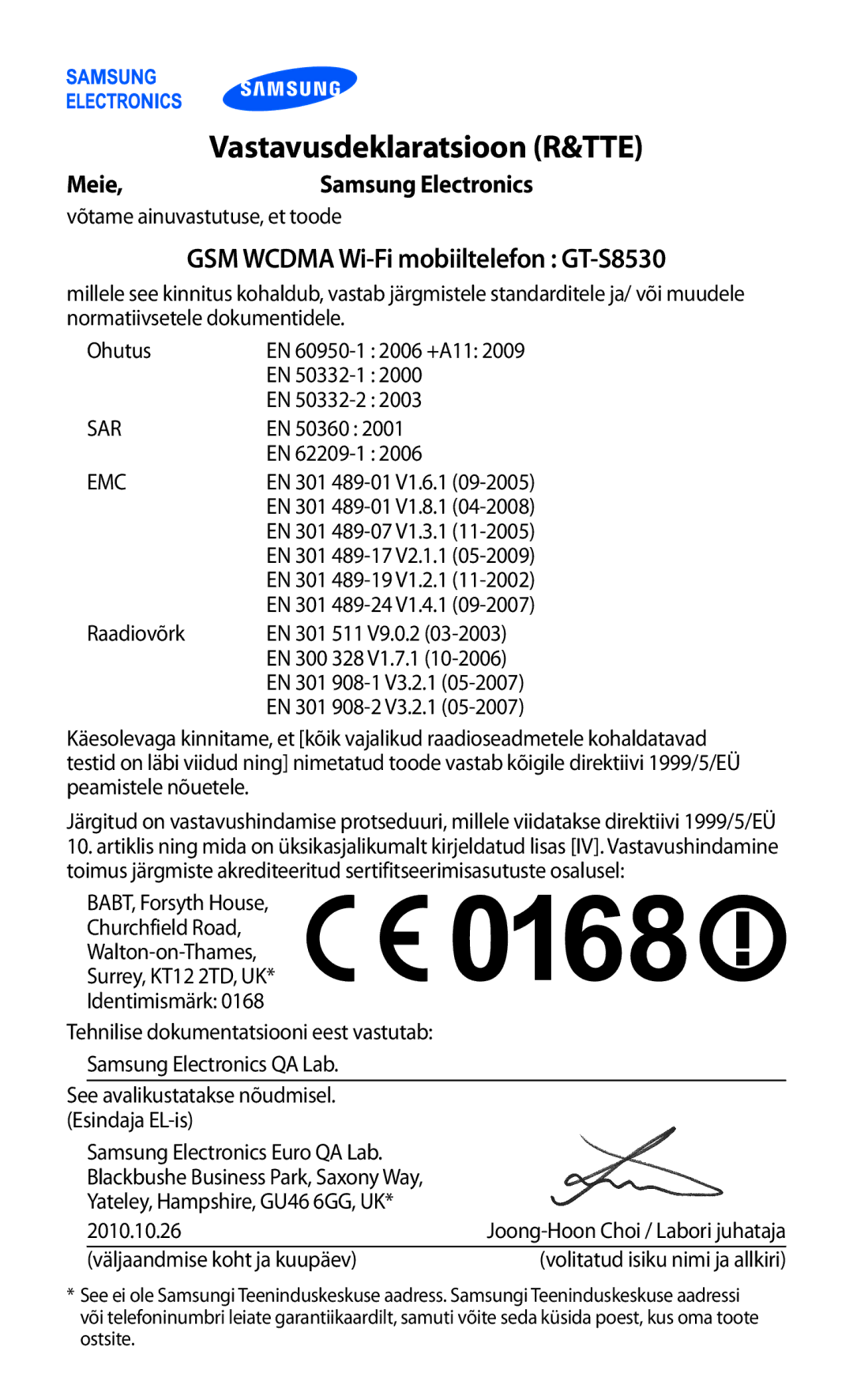 Samsung GT-S8530BAASEB manual Vastavusdeklaratsioon R&TTE 