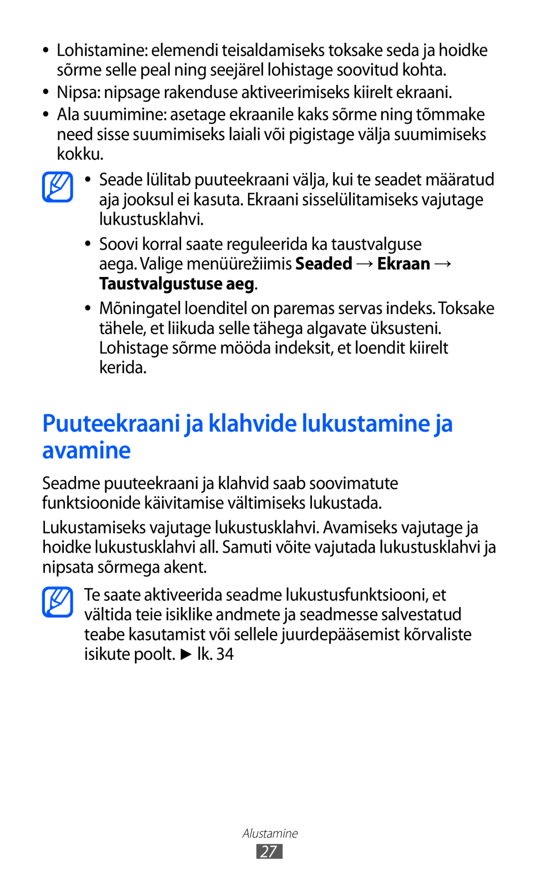 Samsung GT-S8530BAASEB manual Puuteekraani ja klahvide lukustamine ja avamine 