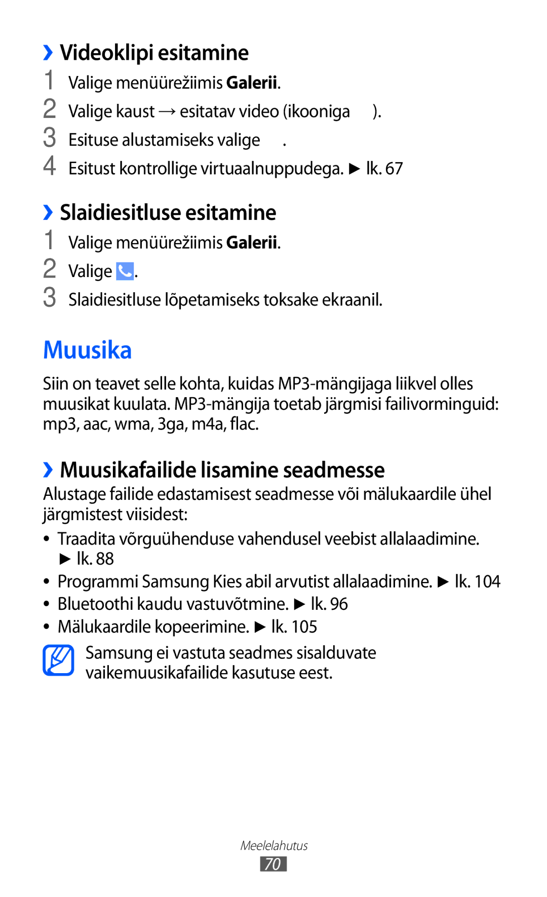 Samsung GT-S8530BAASEB manual ››Slaidiesitluse esitamine, ››Muusikafailide lisamine seadmesse 