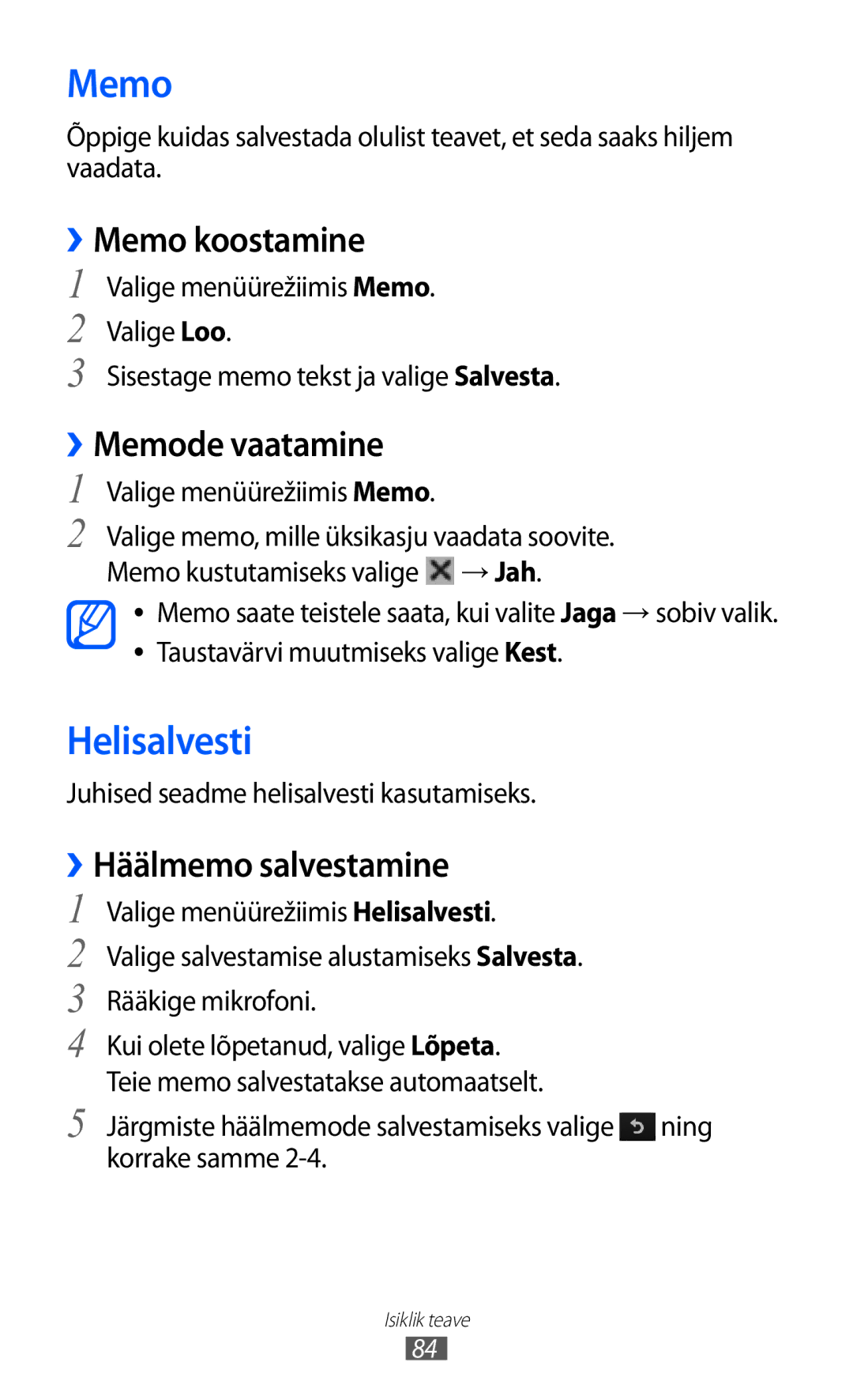 Samsung GT-S8530BAASEB manual Helisalvesti, ››Memo koostamine, ››Memode vaatamine, ››Häälmemo salvestamine 