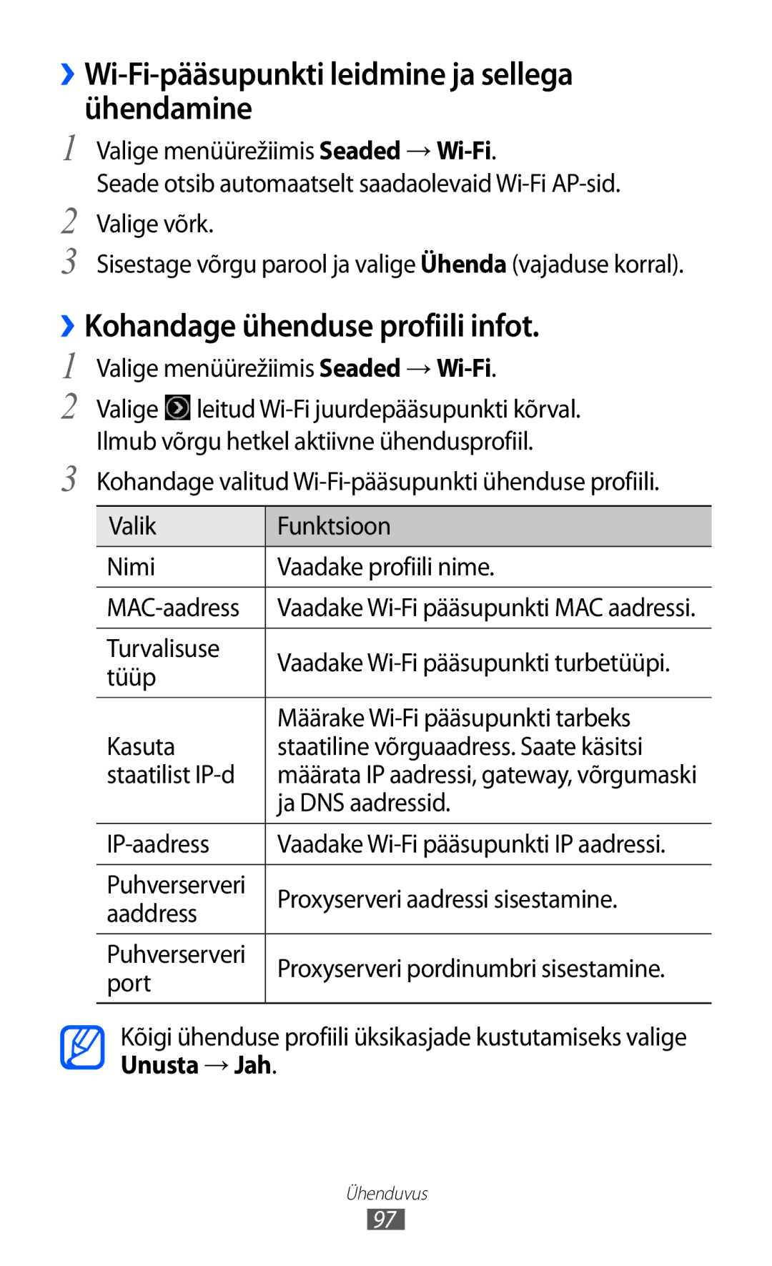 Samsung GT-S8530BAASEB manual ››Wi-Fi-pääsupunkti leidmine ja sellega ühendamine, ››Kohandage ühenduse profiili infot 