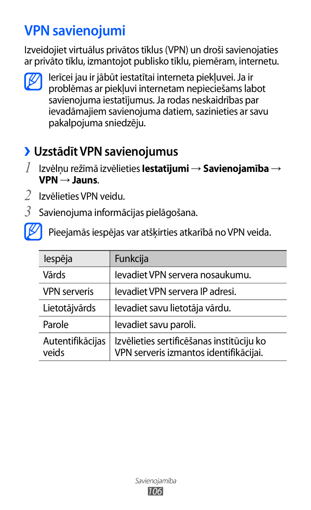 Samsung GT-S8530BAASEB manual VPN savienojumi, ››Uzstādīt VPN savienojumus, VPN → Jauns 