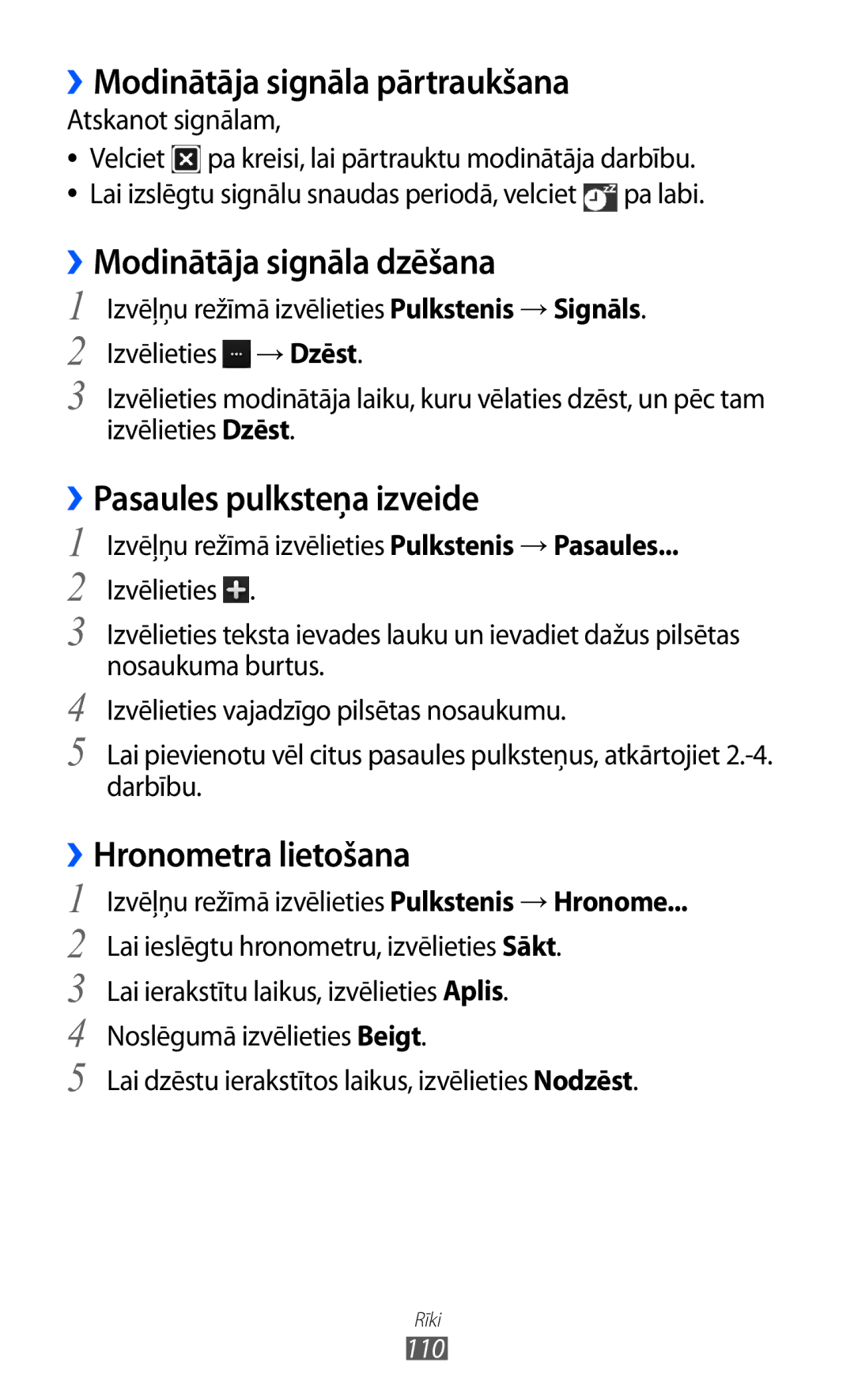 Samsung GT-S8530BAASEB manual ››Modinātāja signāla pārtraukšana, ››Modinātāja signāla dzēšana, ››Pasaules pulksteņa izveide 