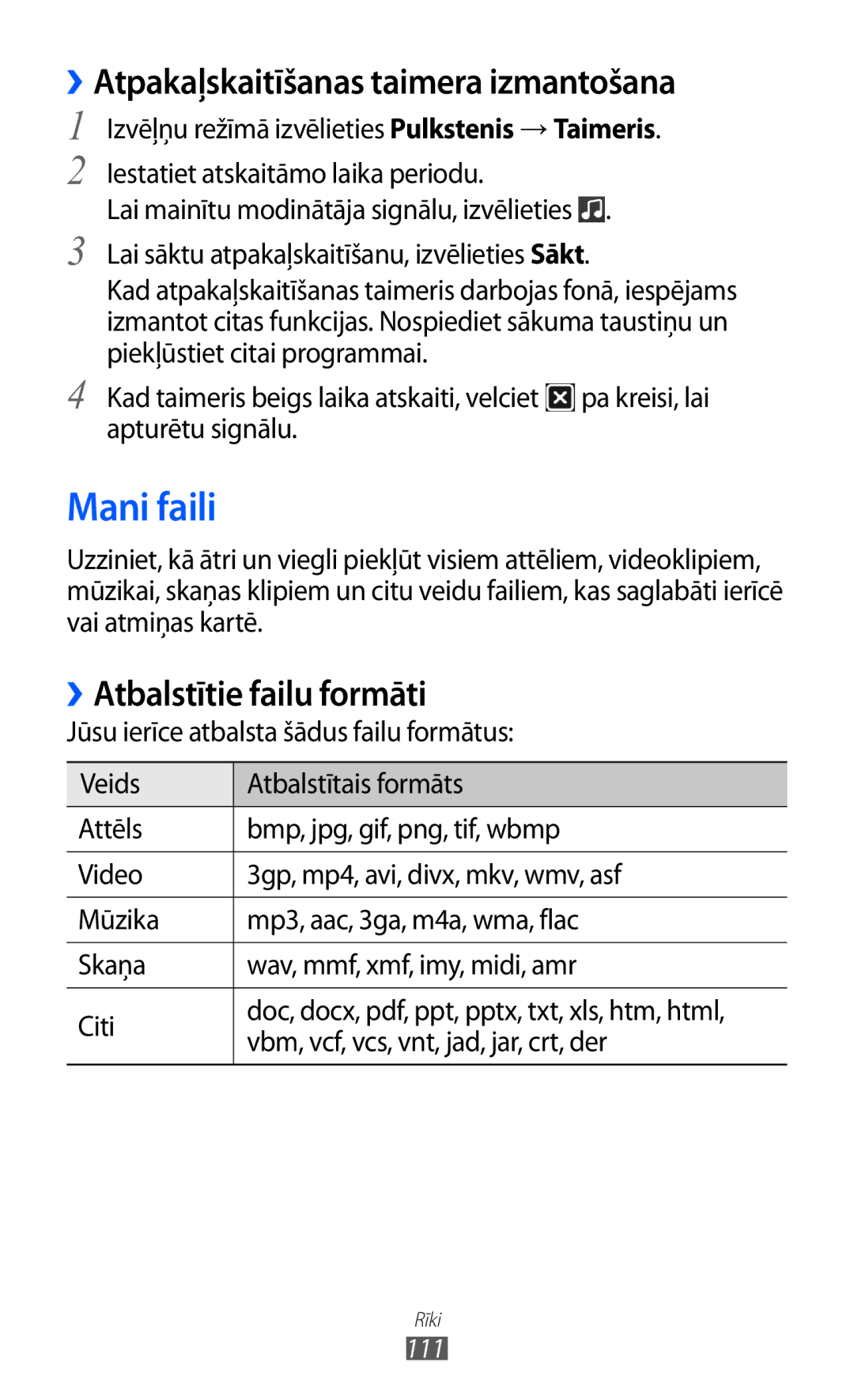 Samsung GT-S8530BAASEB manual Mani faili, ››Atpakaļskaitīšanas taimera izmantošana, ››Atbalstītie failu formāti 