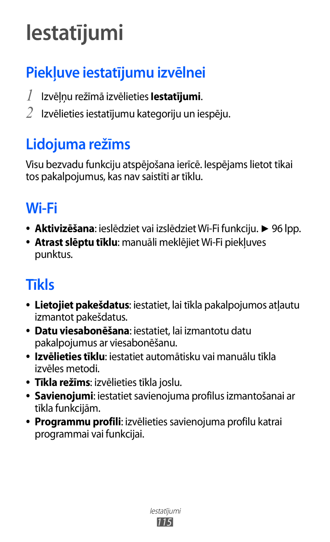 Samsung GT-S8530BAASEB manual Iestatījumi, Piekļuve iestatījumu izvēlnei, Lidojuma režīms, Tīkls 