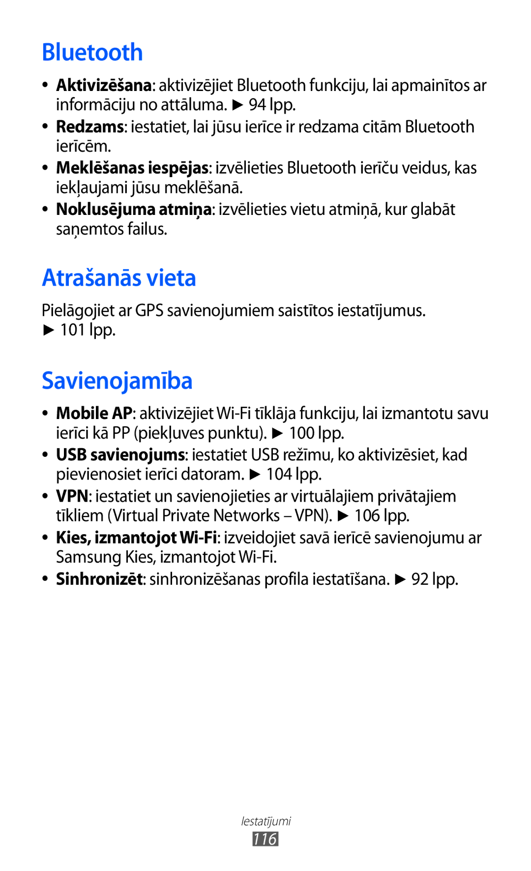 Samsung GT-S8530BAASEB manual Atrašanās vieta, Savienojamība 