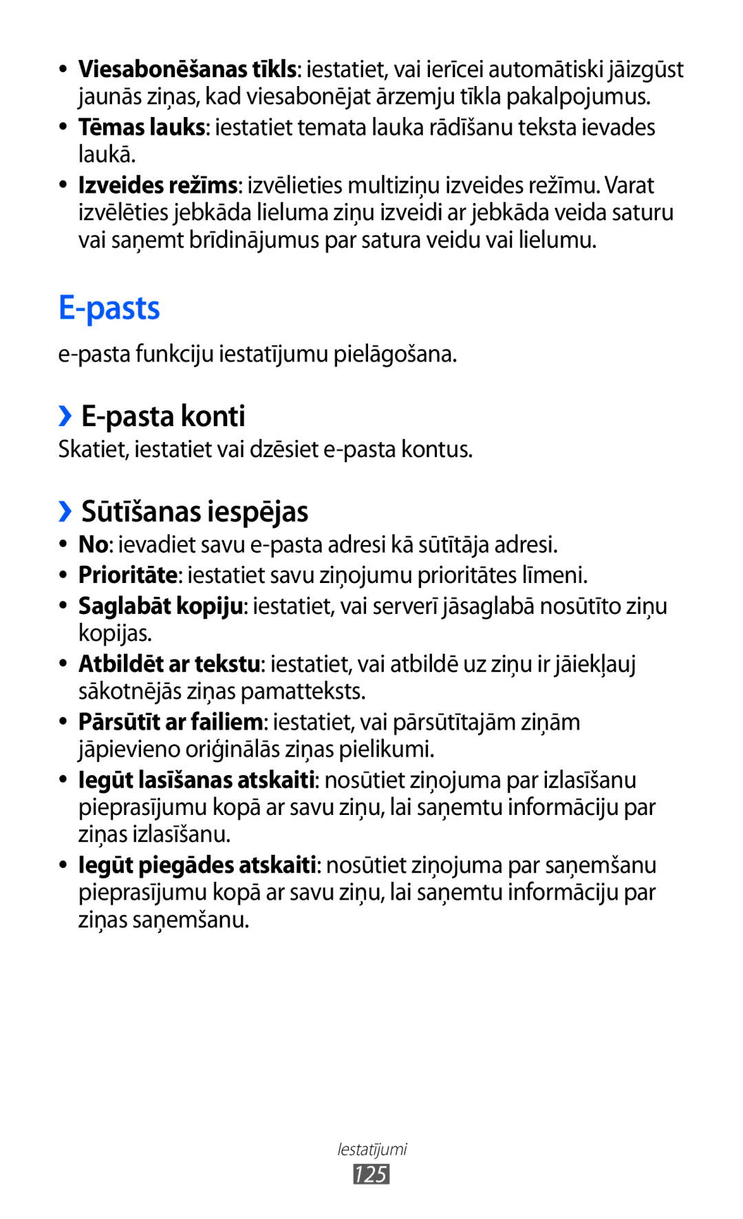 Samsung GT-S8530BAASEB manual ››E-pasta konti, ››Sūtīšanas iespējas, Pasta funkciju iestatījumu pielāgošana 