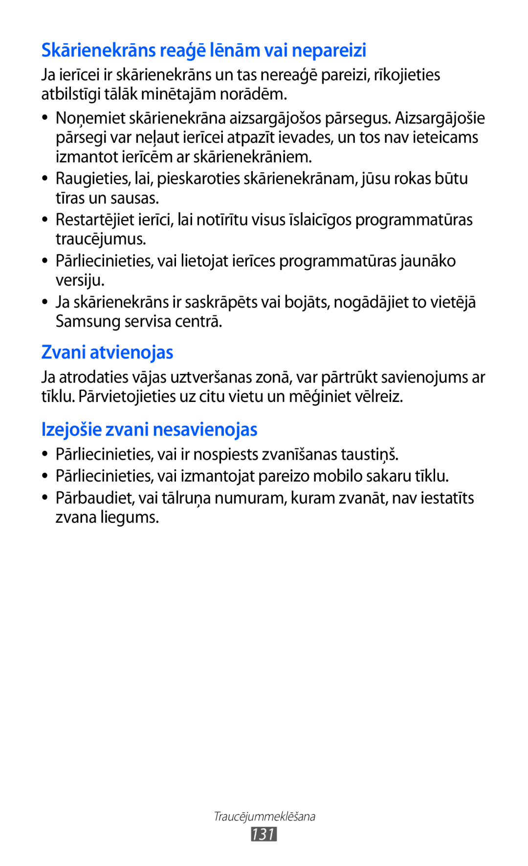 Samsung GT-S8530BAASEB manual Skārienekrāns reaģē lēnām vai nepareizi 