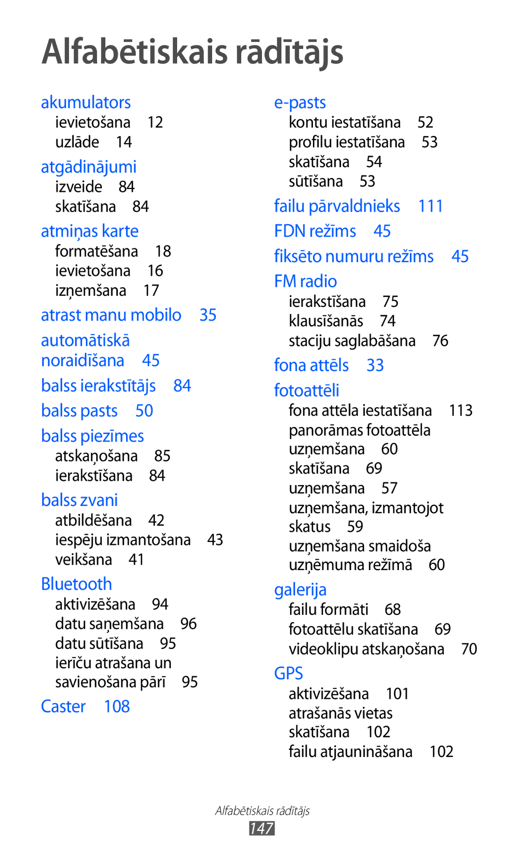 Samsung GT-S8530BAASEB manual Alfabētiskais rādītājs, Fona attēls 33 fotoattēli 