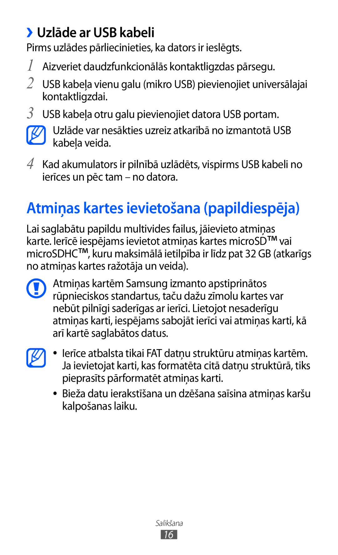 Samsung GT-S8530BAASEB manual Atmiņas kartes ievietošana papildiespēja, ››Uzlāde ar USB kabeli 