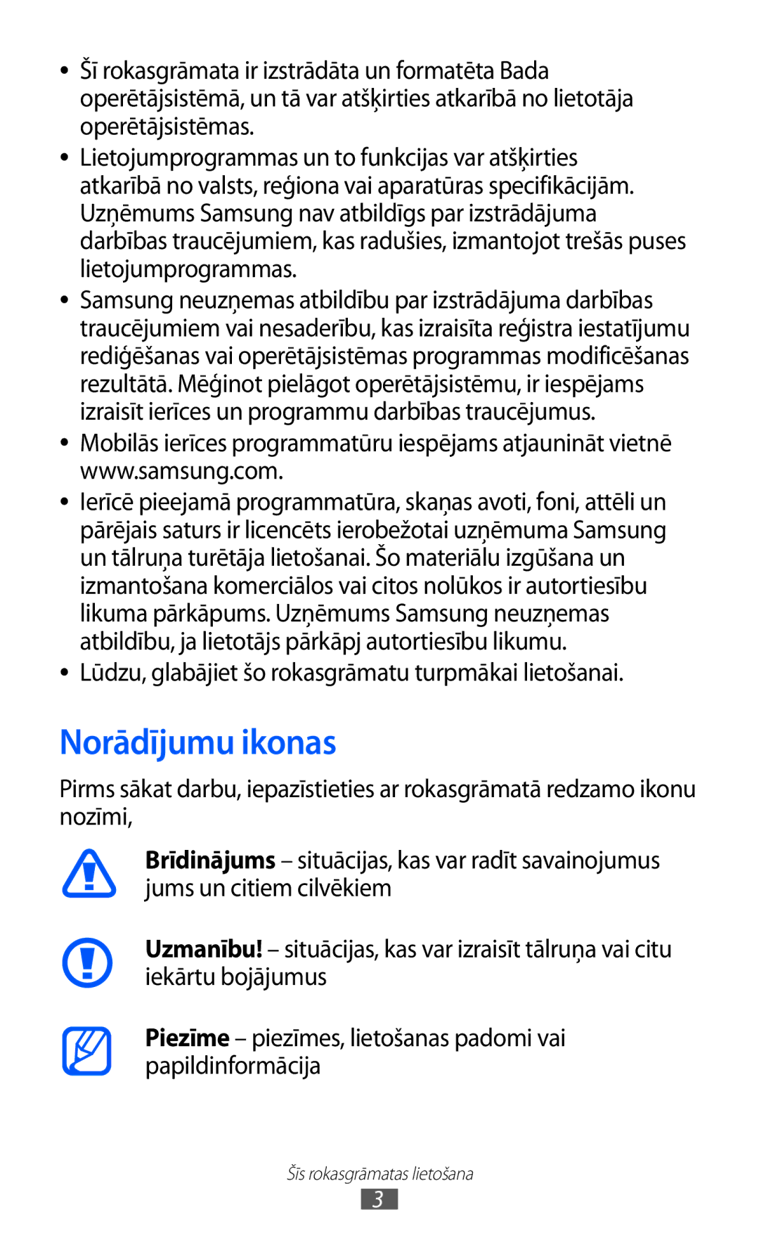 Samsung GT-S8530BAASEB manual Norādījumu ikonas, Lūdzu, glabājiet šo rokasgrāmatu turpmākai lietošanai 