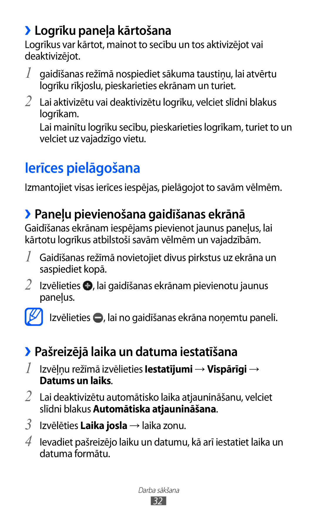 Samsung GT-S8530BAASEB manual Ierīces pielāgošana, ››Logrīku paneļa kārtošana, ››Paneļu pievienošana gaidīšanas ekrānā 