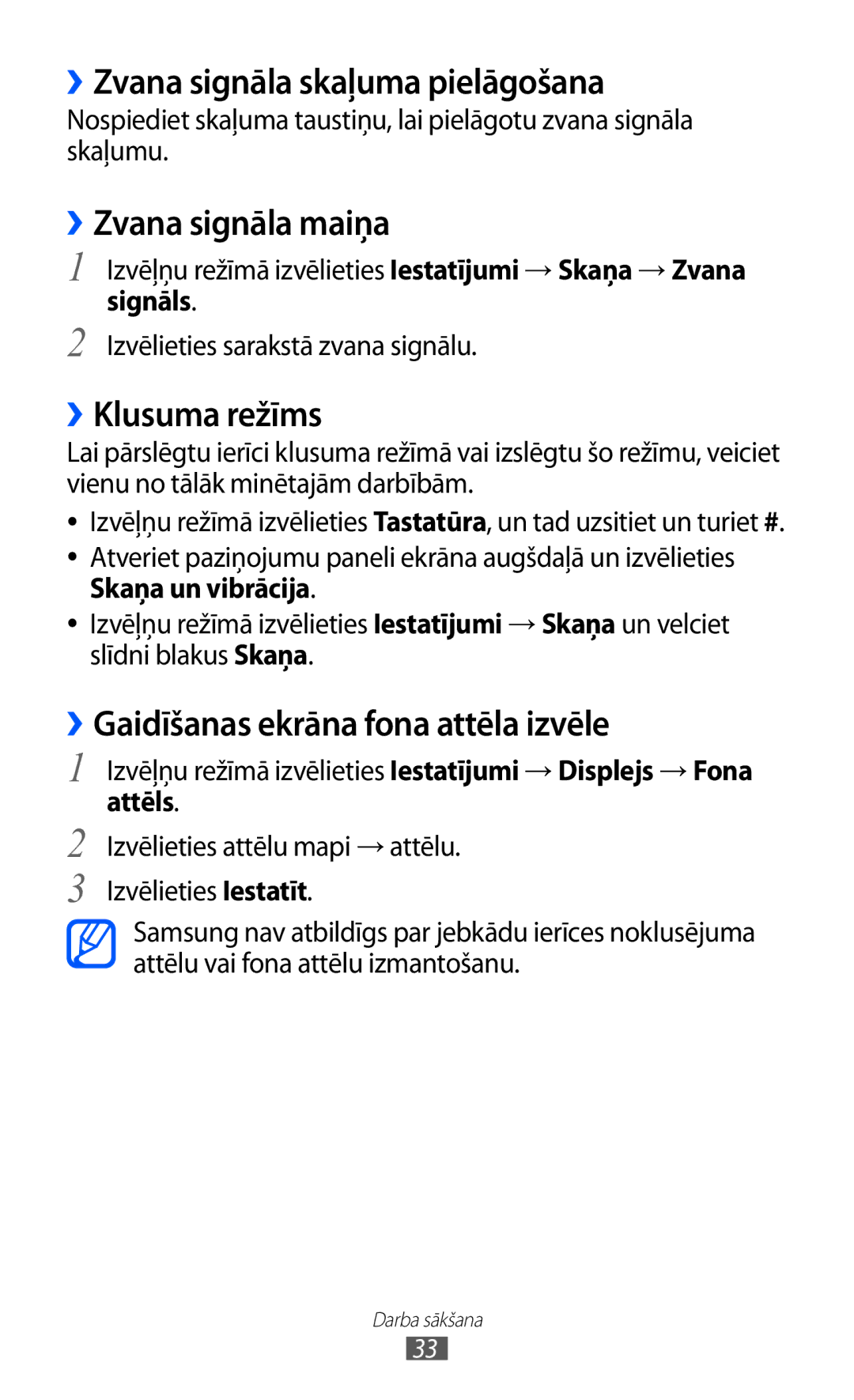 Samsung GT-S8530BAASEB manual ››Zvana signāla skaļuma pielāgošana, ››Zvana signāla maiņa, ››Klusuma režīms 