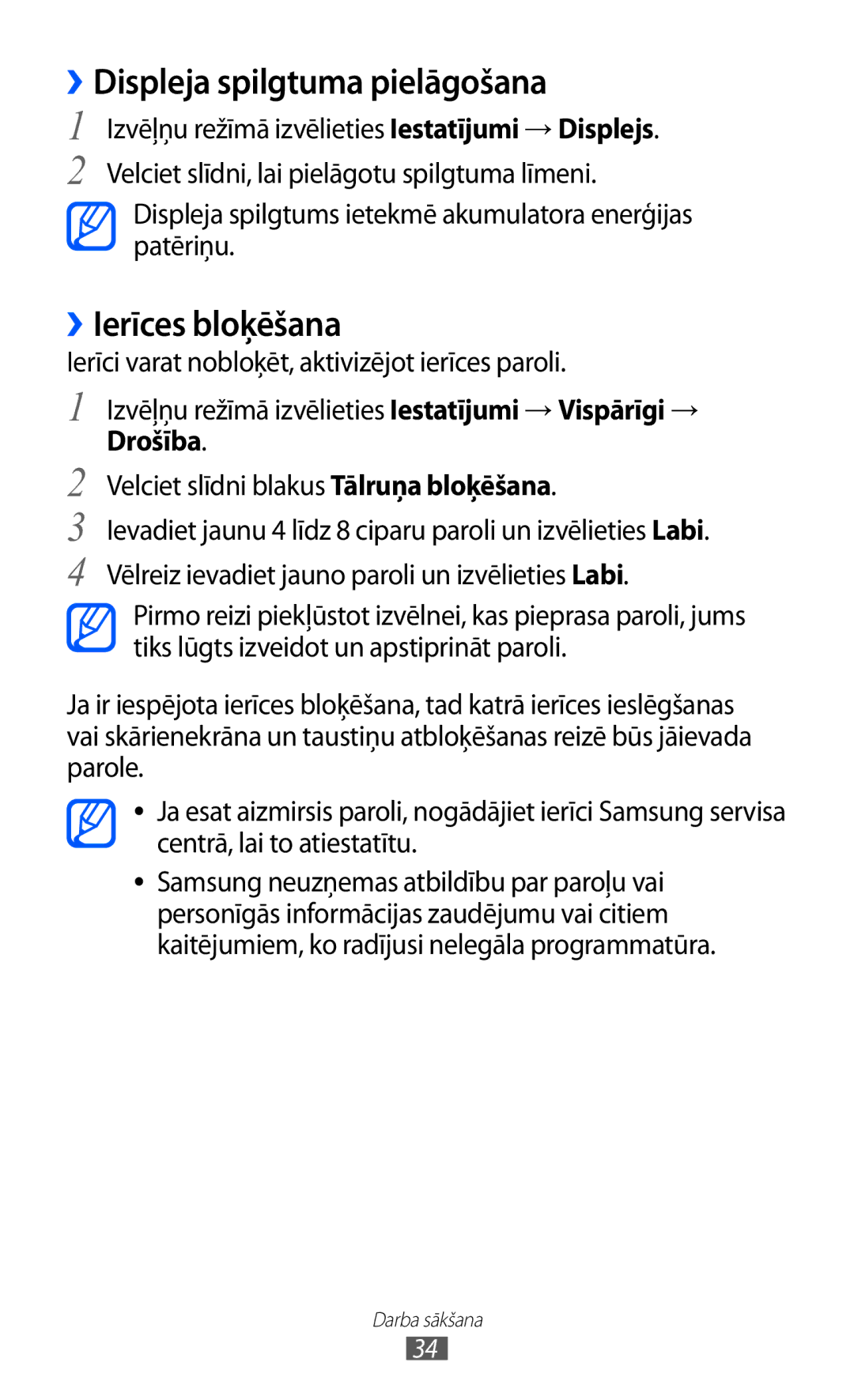 Samsung GT-S8530BAASEB manual ››Displeja spilgtuma pielāgošana, ››Ierīces bloķēšana, Drošība 