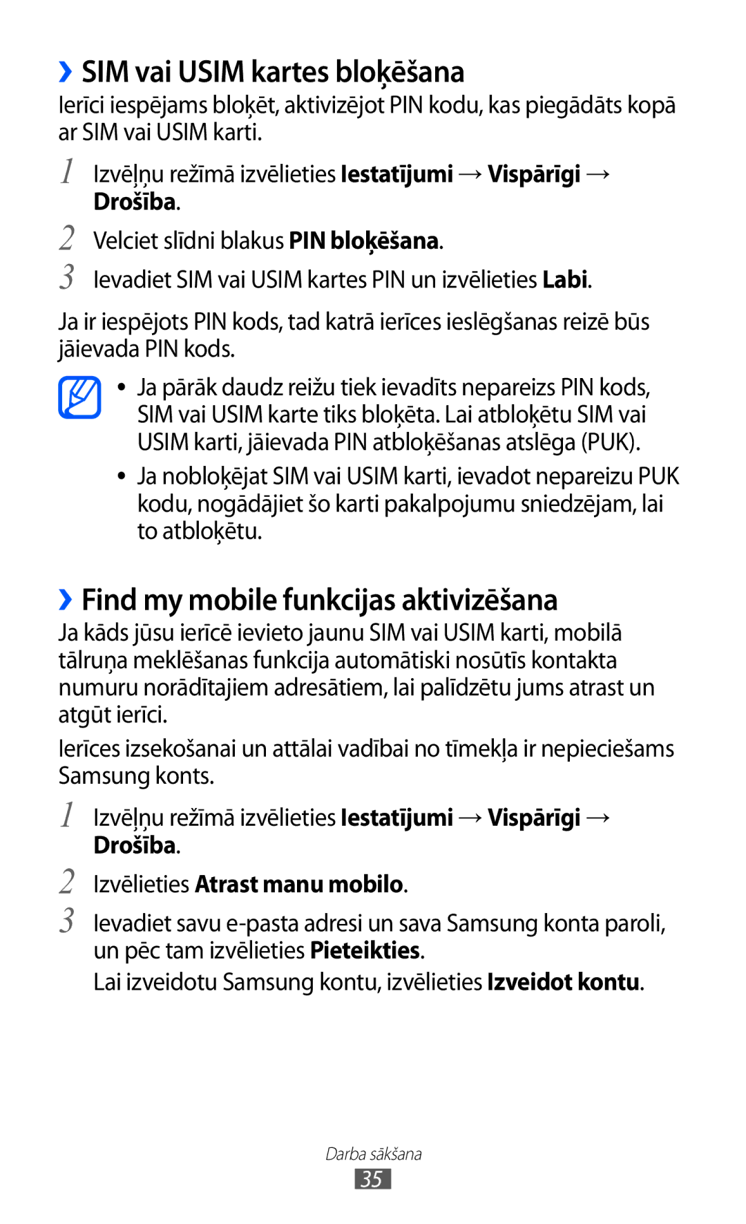 Samsung GT-S8530BAASEB manual ››SIM vai Usim kartes bloķēšana, ››Find my mobile funkcijas aktivizēšana 