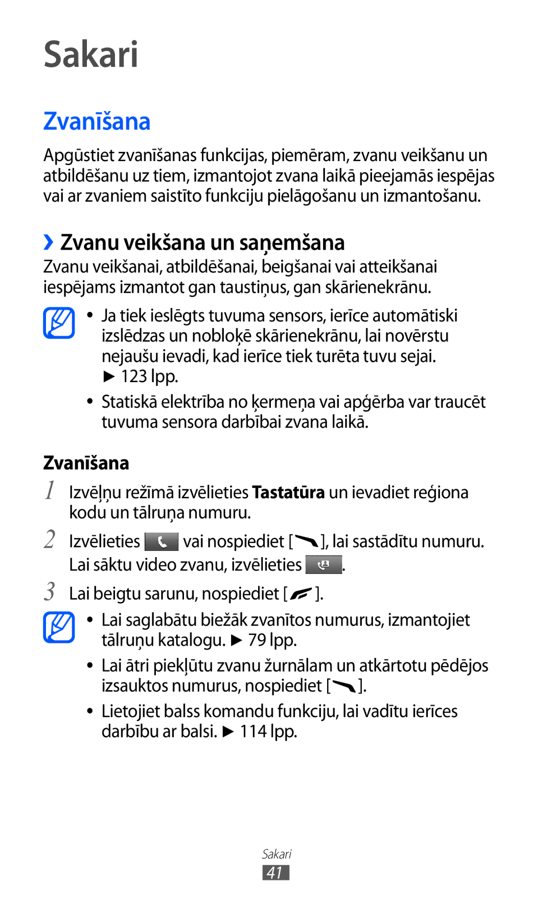 Samsung GT-S8530BAASEB manual Sakari, Zvanīšana, ››Zvanu veikšana un saņemšana 