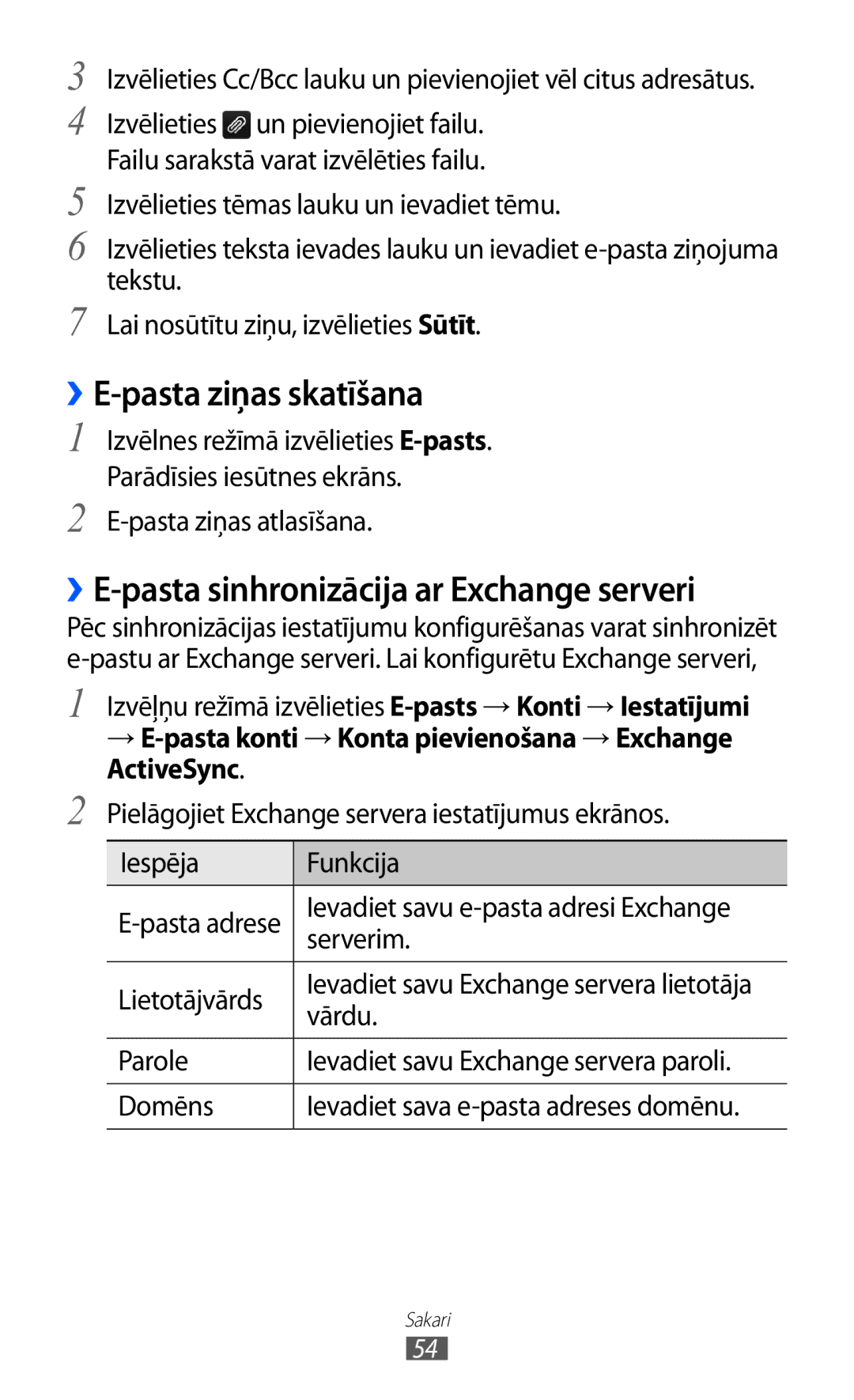 Samsung GT-S8530BAASEB manual ››E-pasta ziņas skatīšana, → E-pasta konti → Konta pievienošana → Exchange ActiveSync 