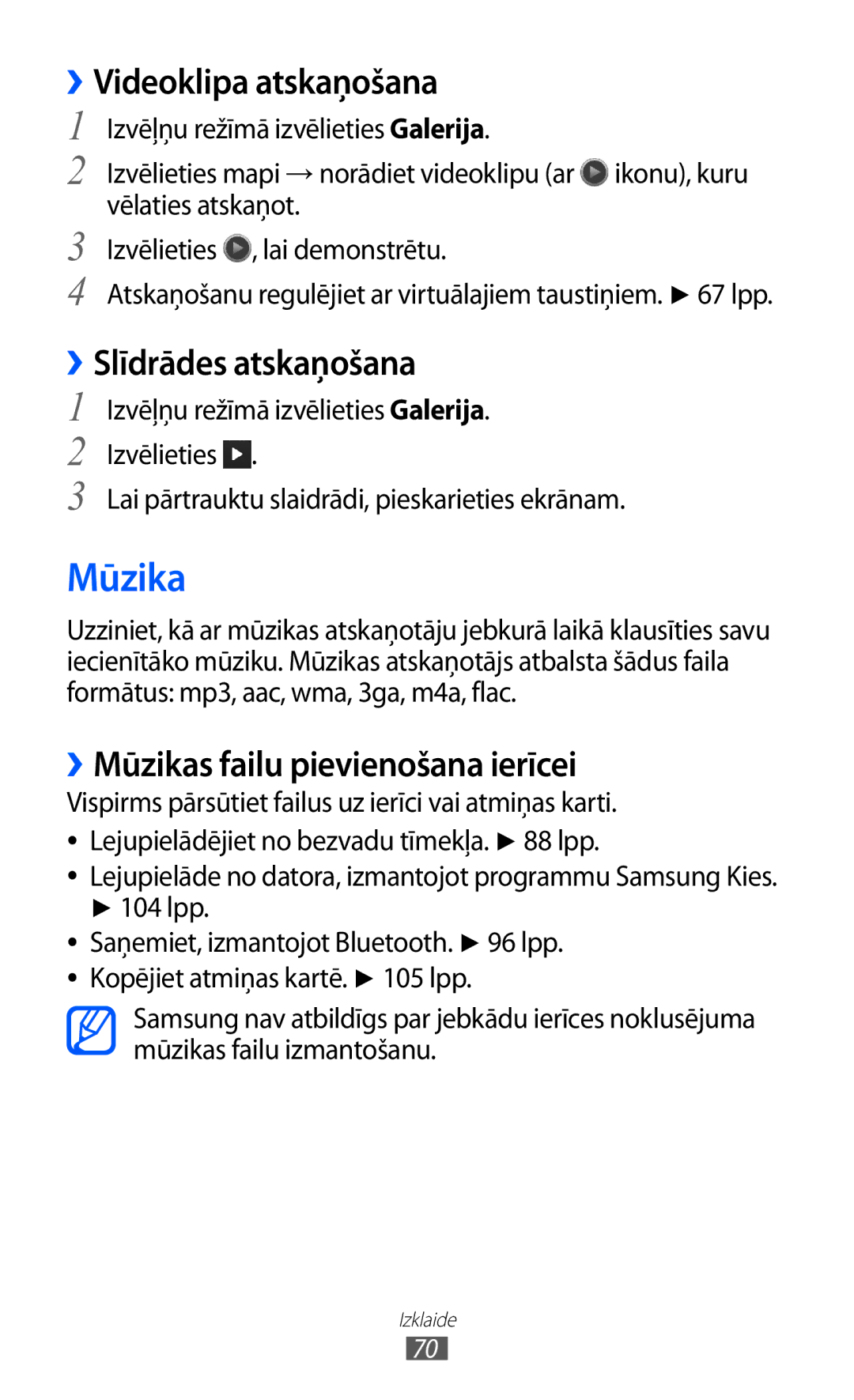 Samsung GT-S8530BAASEB manual ››Slīdrādes atskaņošana, ››Mūzikas failu pievienošana ierīcei, 104 lpp 