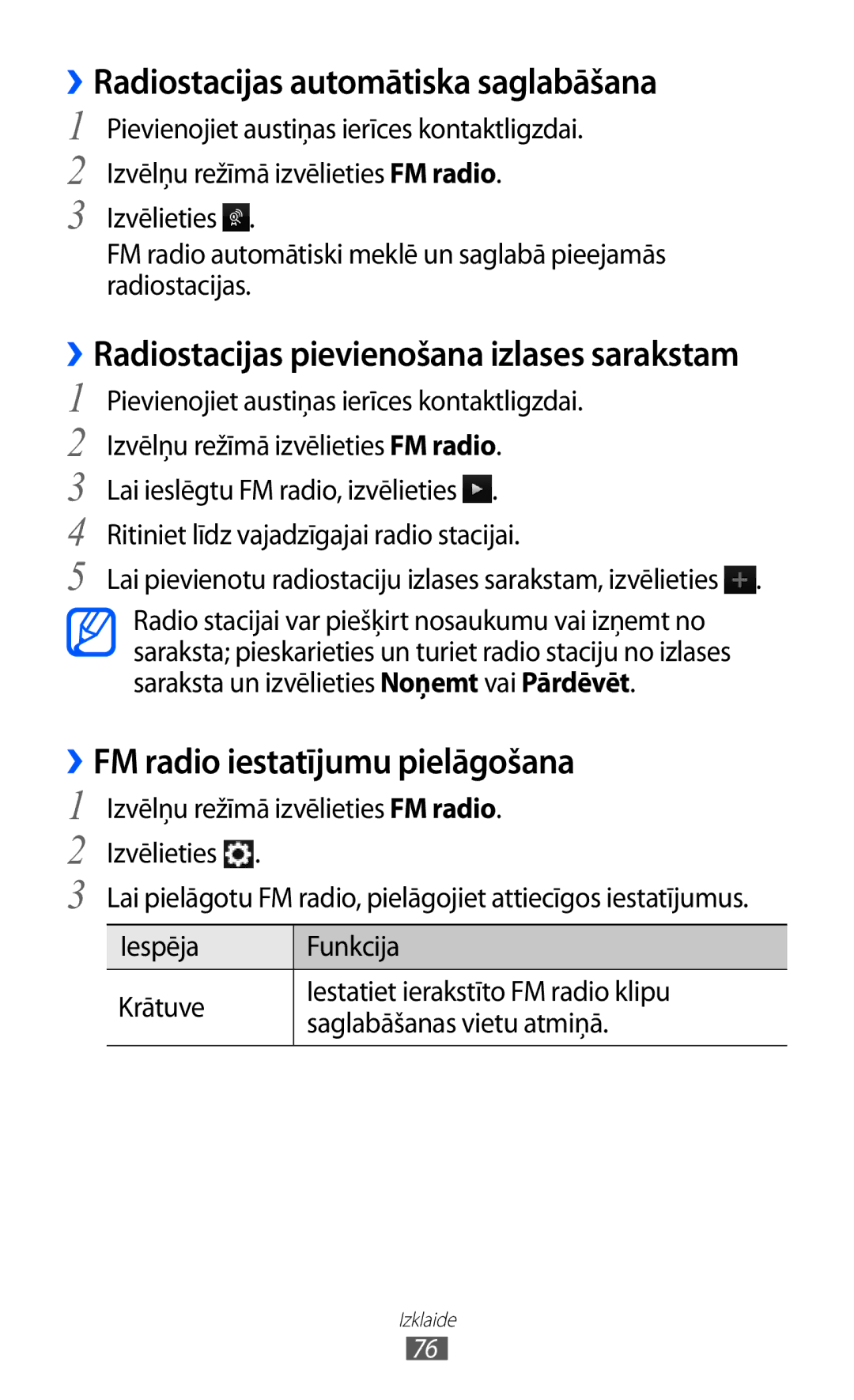 Samsung GT-S8530BAASEB manual ››Radiostacijas automātiska saglabāšana, ››FM radio iestatījumu pielāgošana 