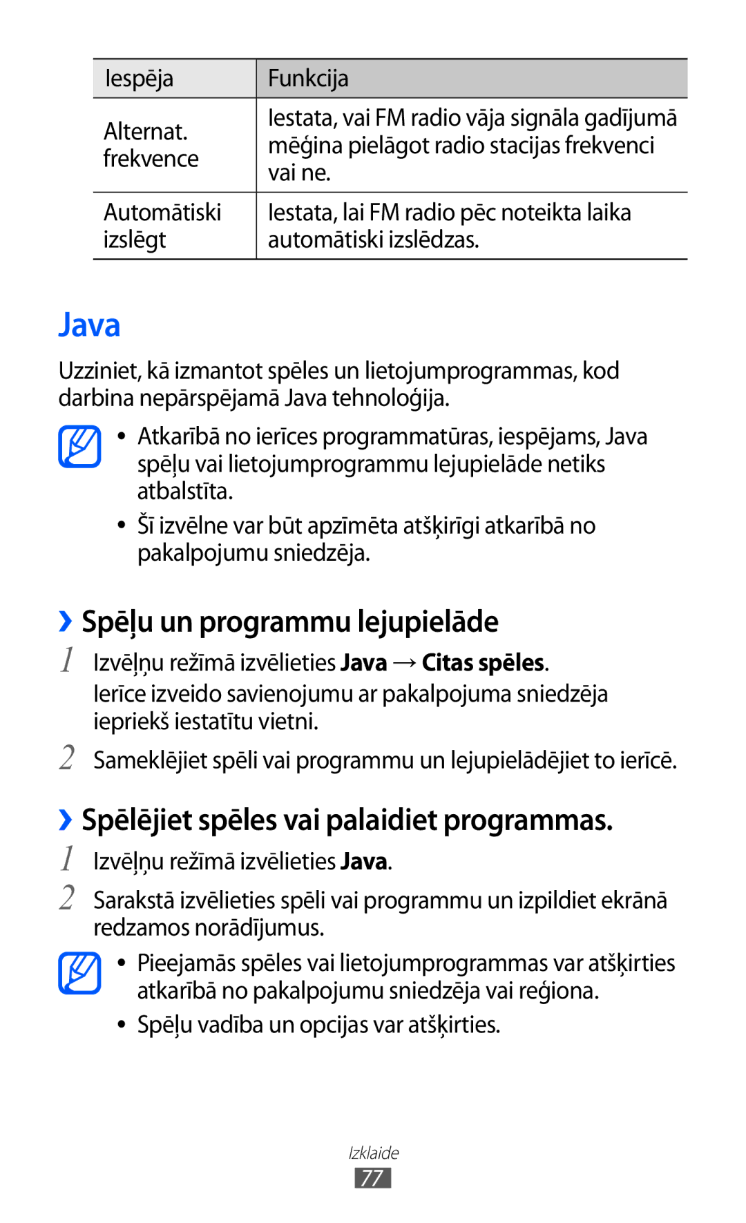 Samsung GT-S8530BAASEB manual Java, ››Spēļu un programmu lejupielāde, ››Spēlējiet spēles vai palaidiet programmas 