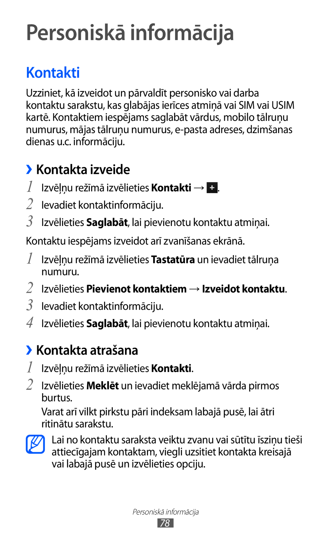 Samsung GT-S8530BAASEB manual Personiskā informācija, Kontakti, ››Kontakta izveide, ››Kontakta atrašana 