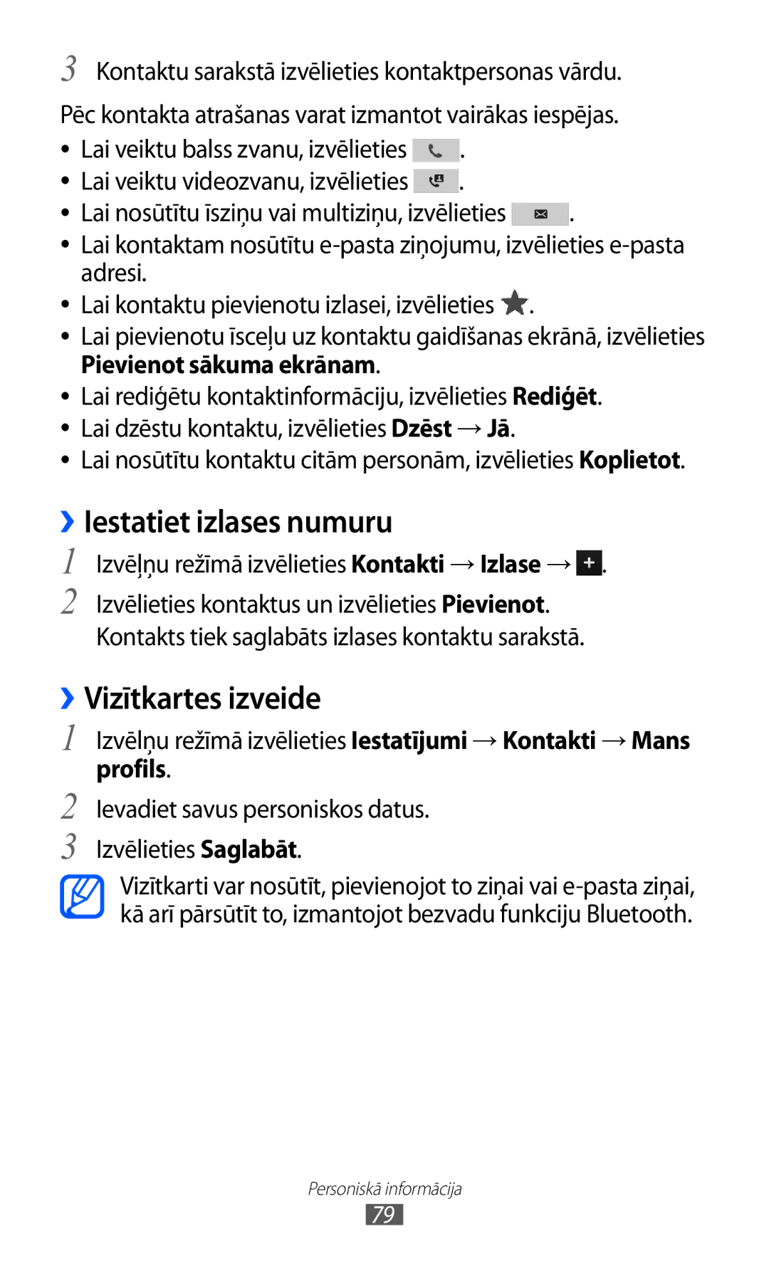 Samsung GT-S8530BAASEB manual ››Iestatiet izlases numuru, ››Vizītkartes izveide, Profils 