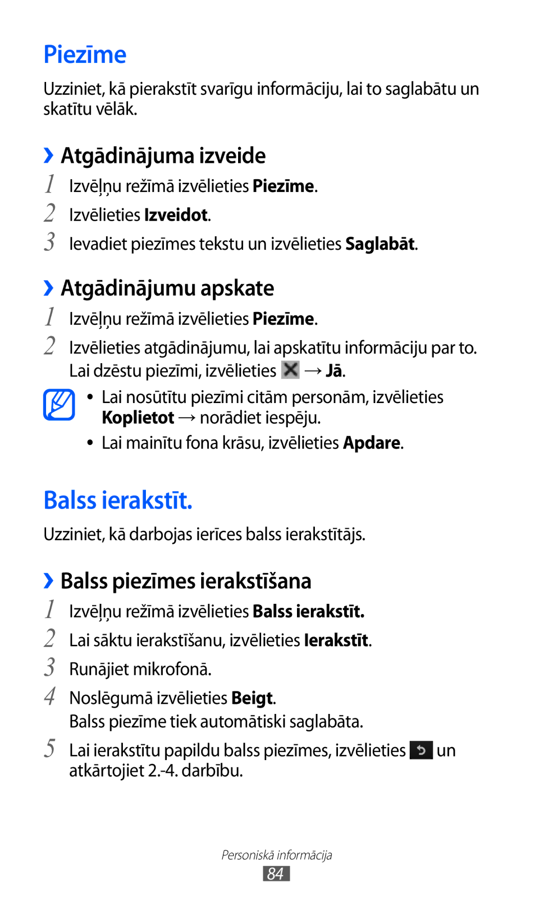 Samsung GT-S8530BAASEB manual Piezīme, Balss ierakstīt, ››Atgādinājuma izveide, ››Atgādinājumu apskate 