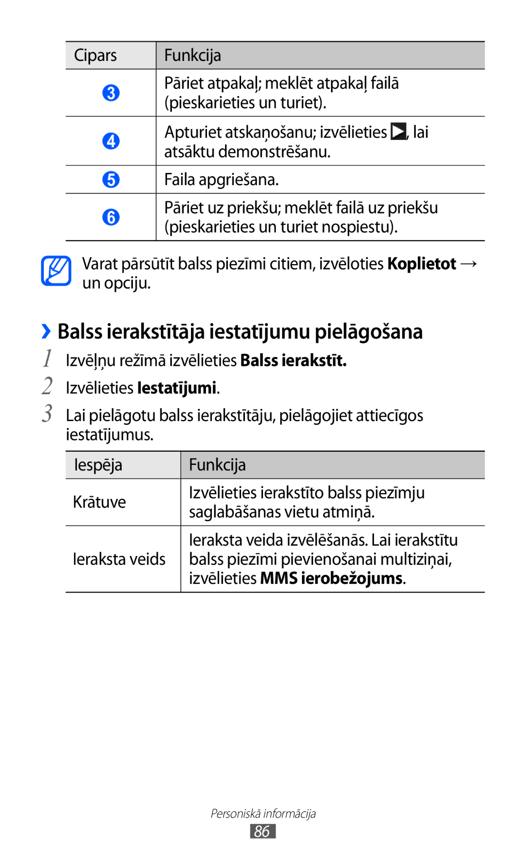 Samsung GT-S8530BAASEB manual ››Balss ierakstītāja iestatījumu pielāgošana, Izvēlieties MMS ierobežojums 