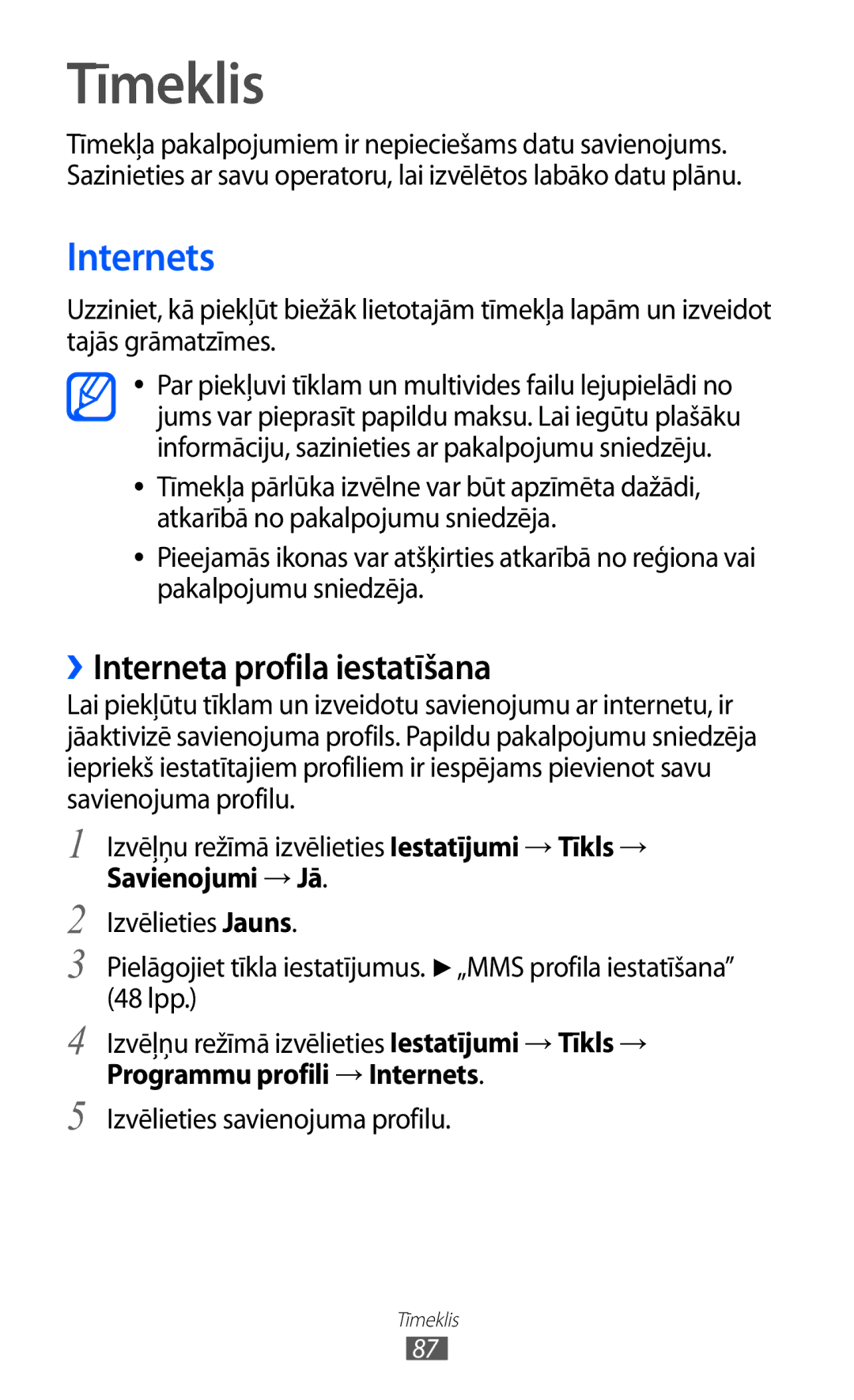 Samsung GT-S8530BAASEB manual Tīmeklis, ››Interneta profila iestatīšana, Programmu profili → Internets 