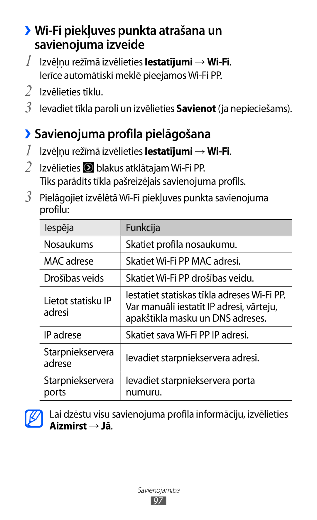 Samsung GT-S8530BAASEB manual ››Savienojuma profila pielāgošana, Aizmirst → Jā 