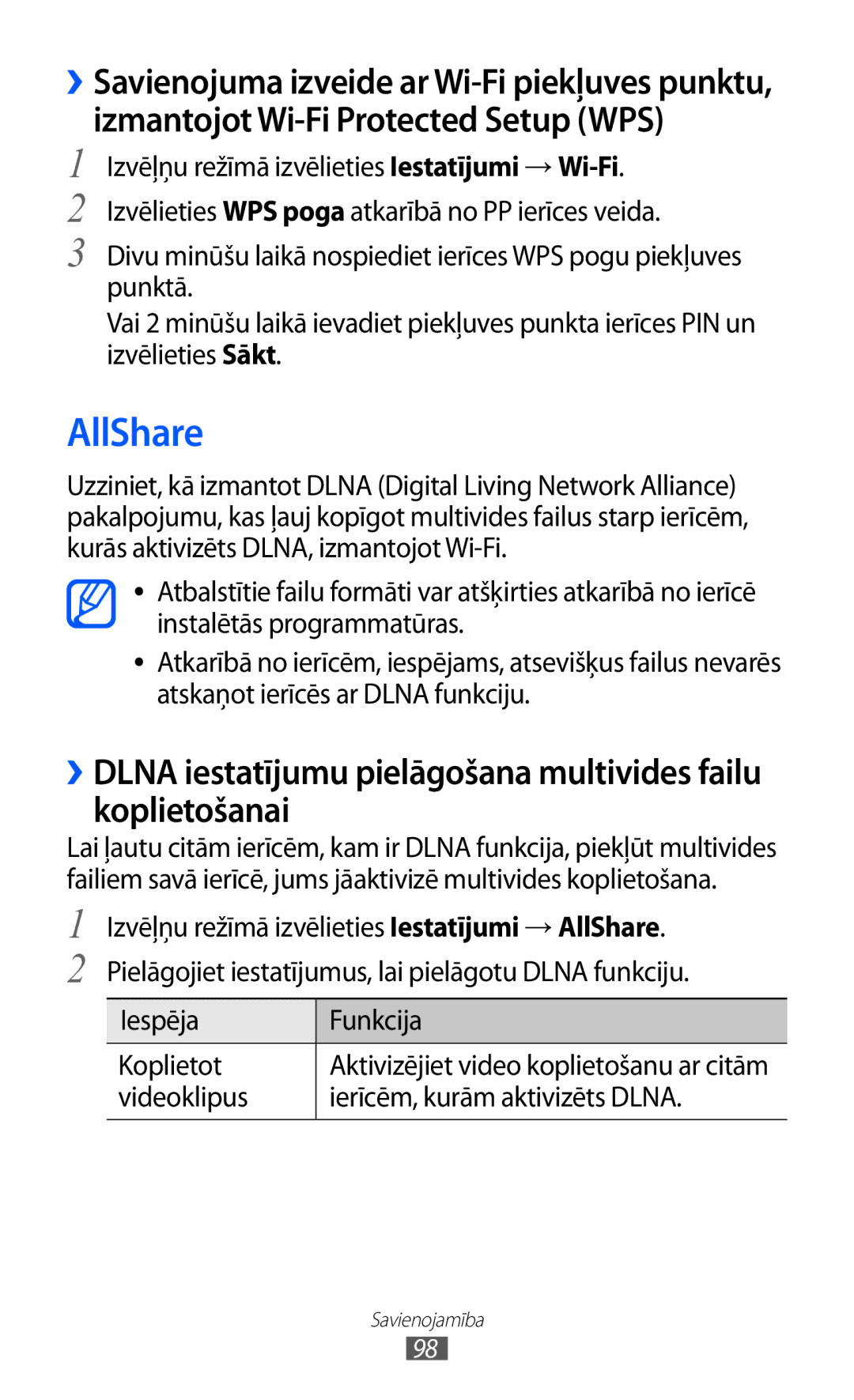 Samsung GT-S8530BAASEB manual AllShare, Iespēja Funkcija Koplietot, Videoklipus Ierīcēm, kurām aktivizēts Dlna 