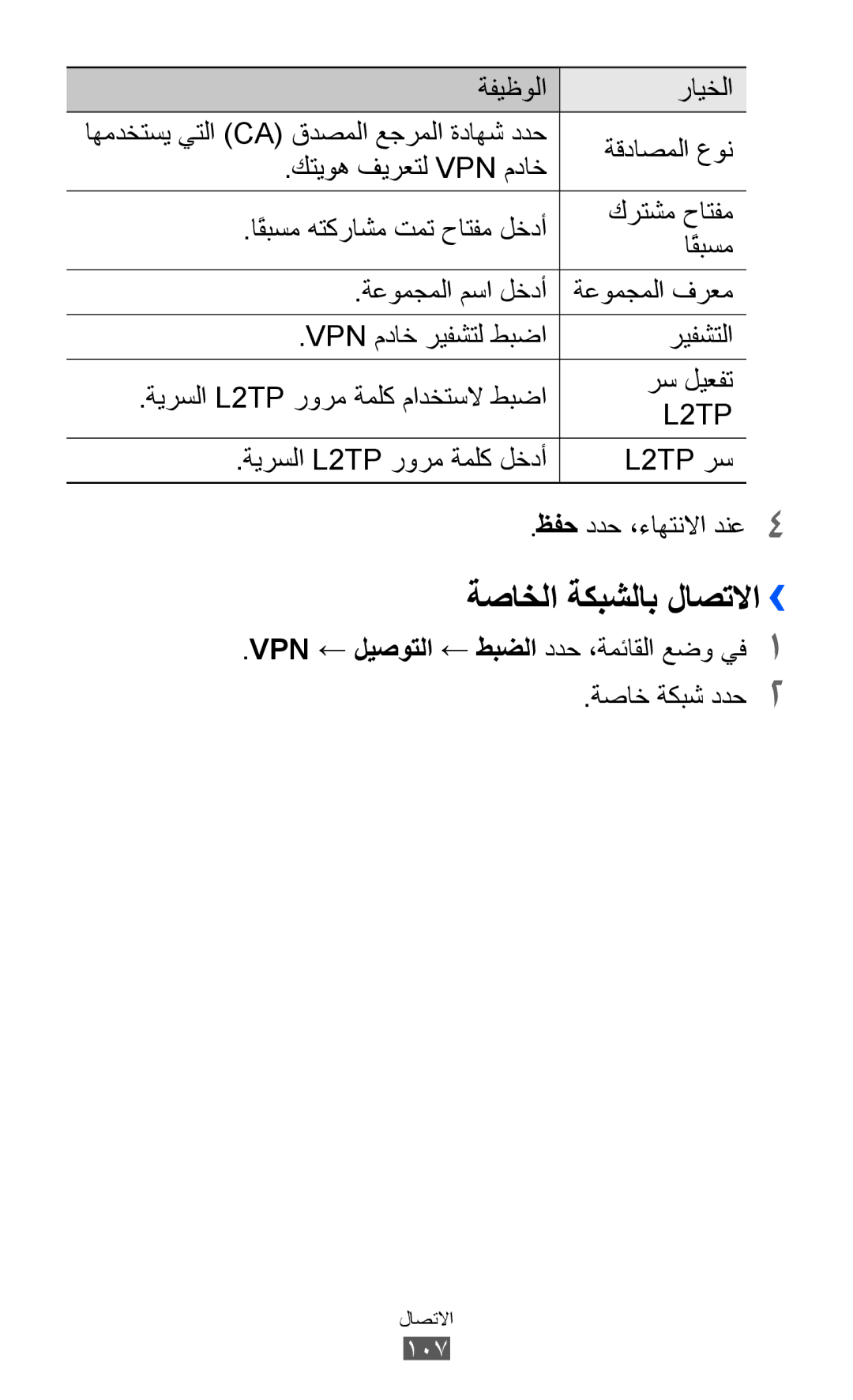 Samsung GT-S8530BAAMMC, GT-S8530BAASKZ, GT-S8530BAATMC manual ةصاخلا ةكبشلاب لاصتلاا››, ةقداصملا عون, كتيوه فيرعتل Vpn مداخ 