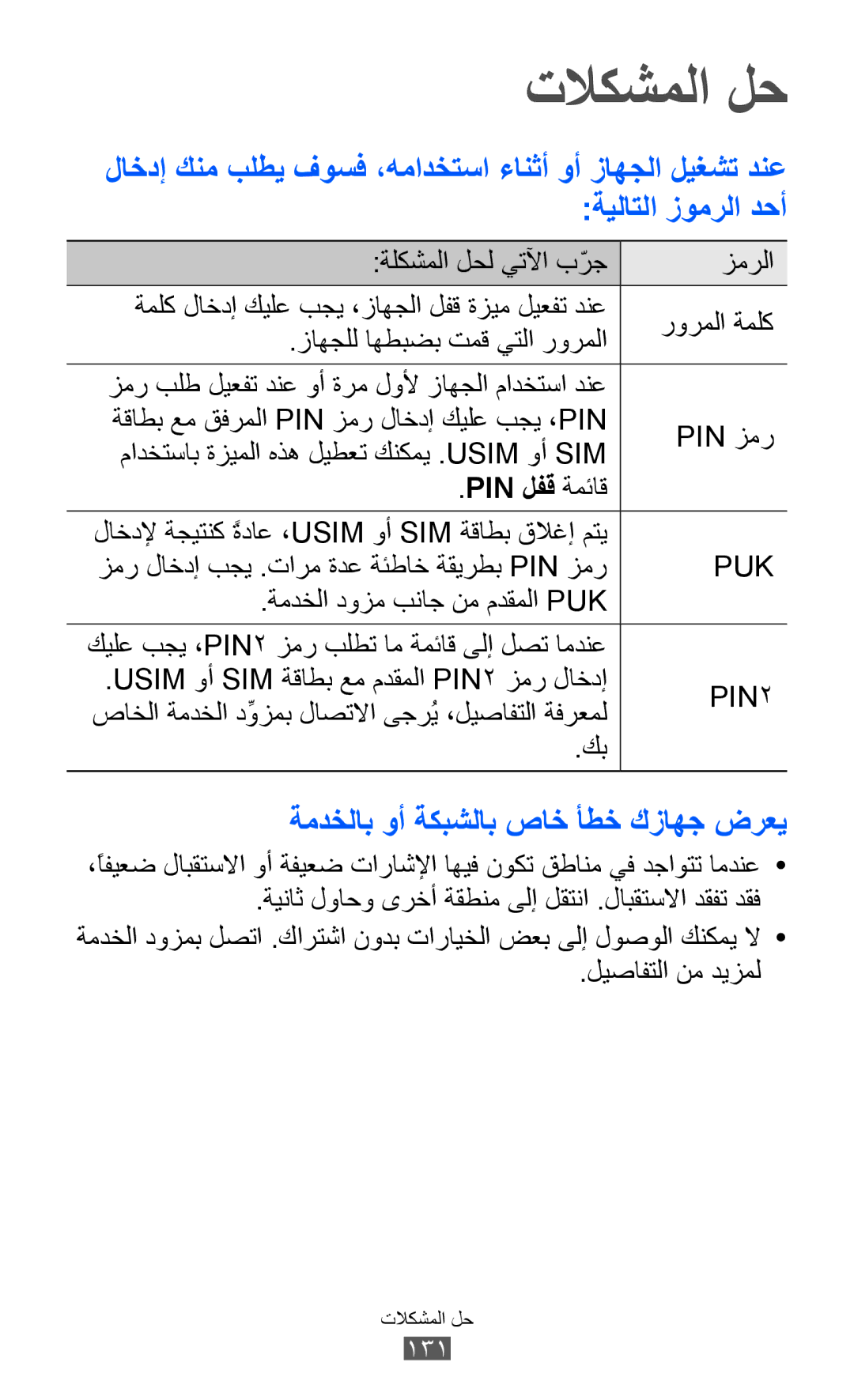 Samsung GT-S8530HKAPAK manual تلاكشملا لح, ةمدخلاب وأ ةكبشلاب صاخ أطخ كزاهج ضرعي, Pin لفق ةمئاق, ليصافتلا نم ديزمل 