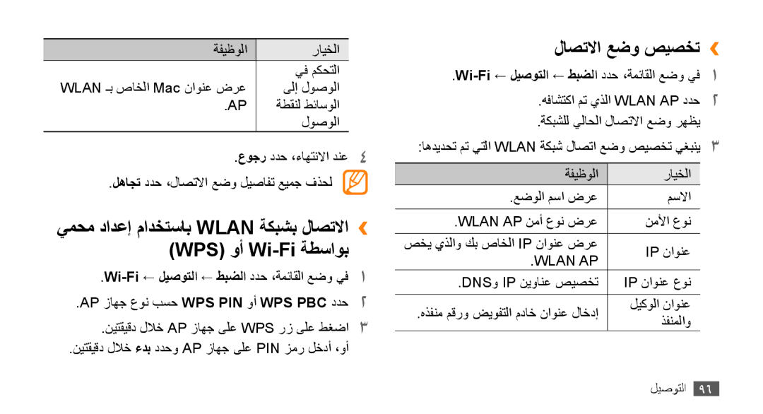 Samsung GT-S8530HKAPAK, GT-S8530BAASKZ يمحم دادعإ مادختساب Wlan ةكبشب لاصتلاا›› WPS وأ Wi-Fi ةطساوب, لاصتلاا عضو صيصخت›› 