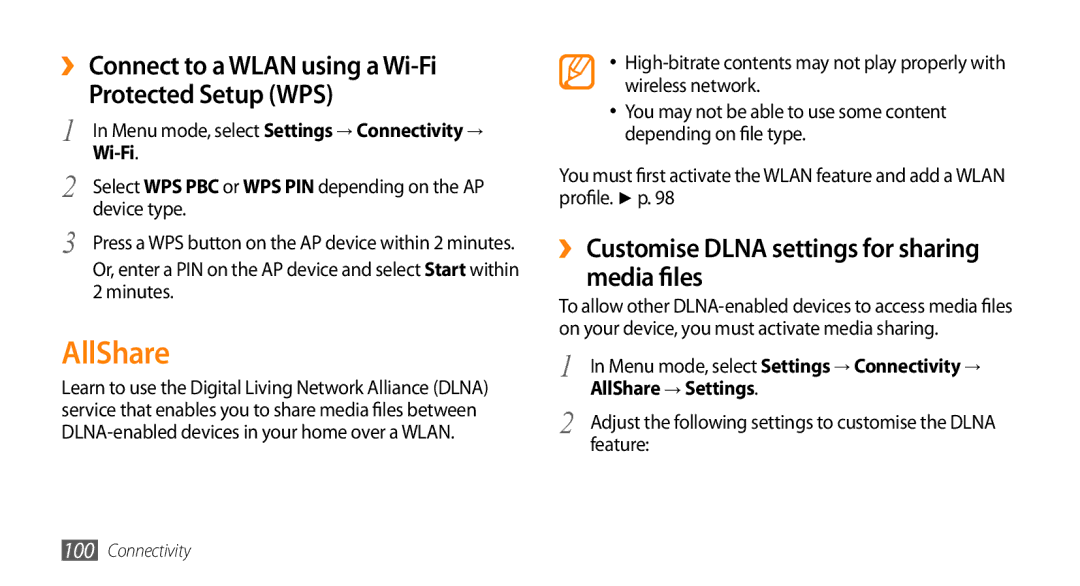 Samsung GT-S8530BAACEL, GT-S8530BAASKZ AllShare, ›› Customise Dlna settings for sharing Media files, Device type, Minutes 