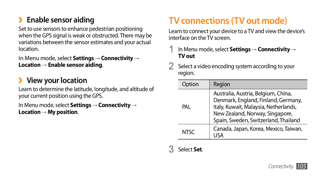 Samsung GT-S8530HKACEL manual TV connections TV out mode, ›› Enable sensor aiding, ›› View your location, Region Option 