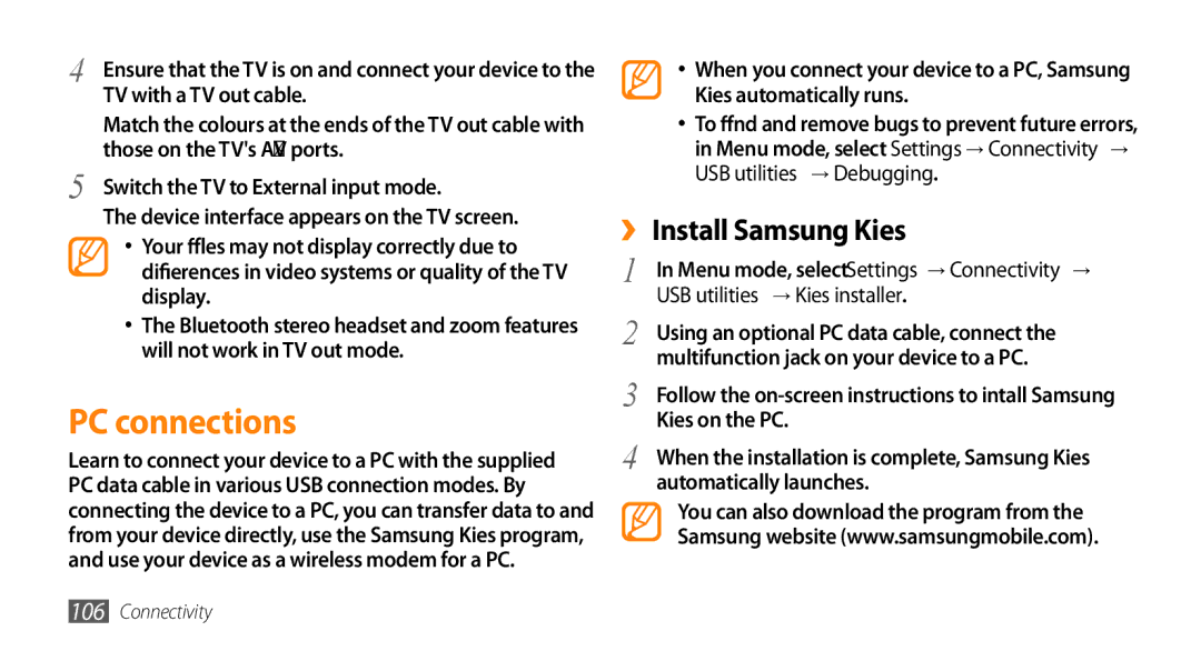 Samsung GT-S8530BAASKZ, GT-S8530BAATMC manual PC connections, ›› Install Samsung Kies, USB utilities → Kies installer 