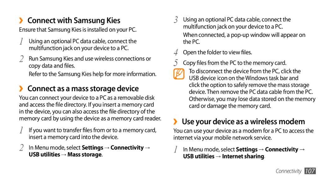 Samsung GT-S8530BAATMC ›› Connect with Samsung Kies, ›› Connect as a mass storage device, USB utilities → Mass storage 