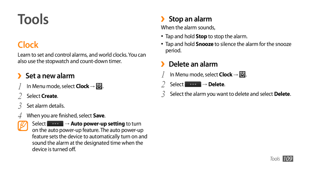 Samsung GT-S8530LIAPAK, GT-S8530BAASKZ manual Tools, Clock, ›› Set a new alarm, ›› Stop an alarm, ›› Delete an alarm 