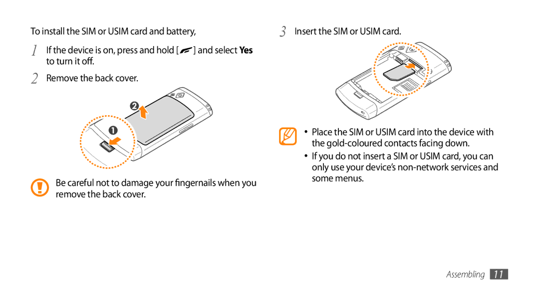 Samsung GT-S8530LIAKSA, GT-S8530BAASKZ manual To turn it off Remove the back cover, Gold-coloured contacts facing down 