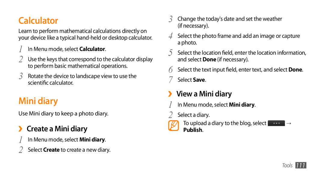 Samsung GT-S8530BAAMMC, GT-S8530BAASKZ manual Calculator, ›› Create a Mini diary, ›› View a Mini diary, Publish 