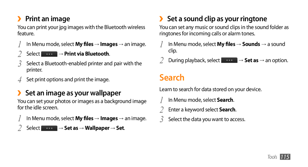 Samsung GT-S8530ISAJED Search, ›› Print an image, ›› Set an image as your wallpaper, ›› Set a sound clip as your ringtone 