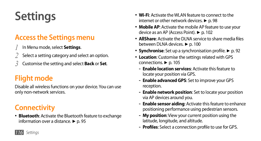 Samsung GT-S8530LIAJED, GT-S8530BAASKZ Access the Settings menu, Flight mode, Connectivity, Menu mode, select Settings 