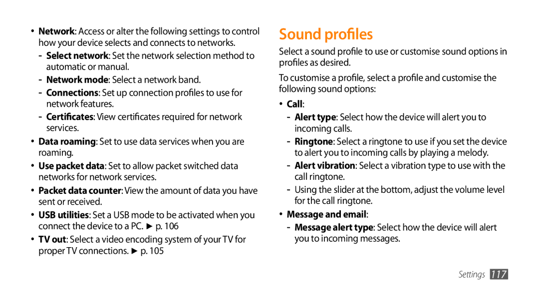 Samsung GT-S8530LIAKSA, GT-S8530BAASKZ, GT-S8530BAATMC, GT-S8530LIAAFR manual Sound profiles, Call, Message and email 