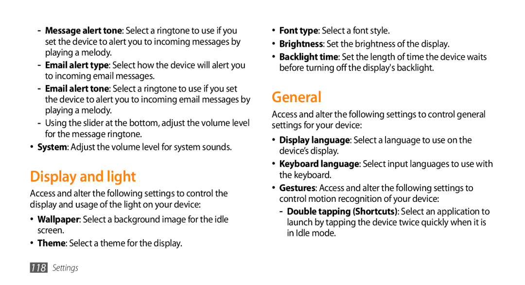 Samsung GT-S8530HKAMID, GT-S8530BAASKZ, GT-S8530BAATMC, GT-S8530LIAAFR, GT-S8530LIAPAK manual Display and light, General 