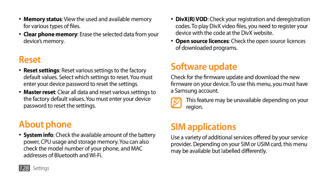 Samsung GT-S8530HKAXSG, GT-S8530BAASKZ, GT-S8530BAATMC, GT-S8530LIAAFR Reset, Software update, About phone, SIM applications 