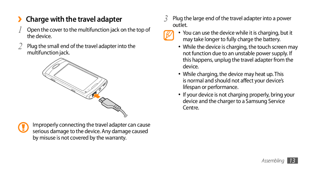 Samsung GT-S8530BAAKSA, GT-S8530BAASKZ manual ›› Charge with the travel adapter, Device, Multifunction jack, Outlet 