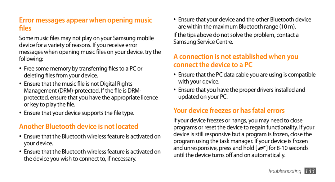 Samsung GT-S8530LIATHR, GT-S8530BAASKZ, GT-S8530BAATMC, GT-S8530LIAAFR manual Error messages appear when opening music files 