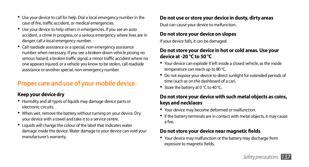 Samsung GT-S8530BAAAFR, GT-S8530BAASKZ, GT-S8530BAATMC, GT-S8530LIAAFR manual Proper care and use of your mobile device 