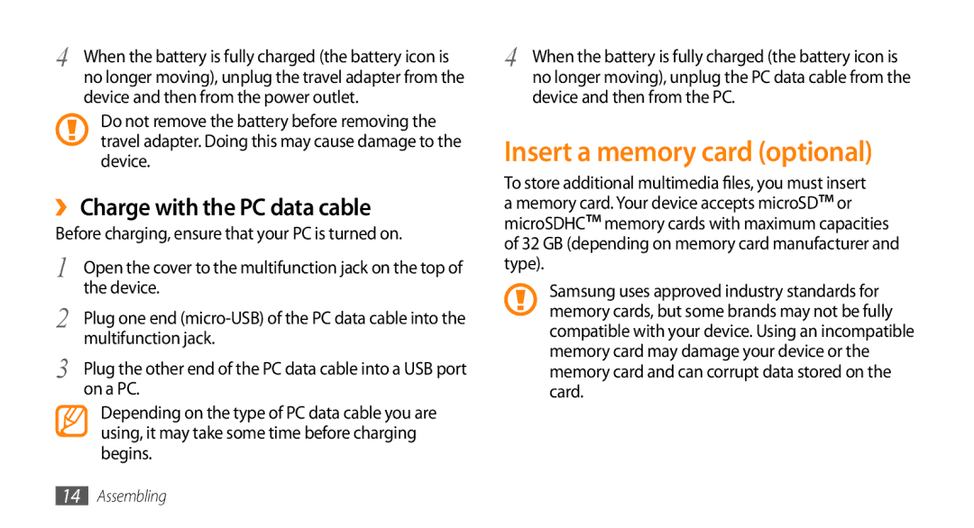 Samsung GT-S8530BAAMID, GT-S8530BAASKZ manual Insert a memory card optional, ›› Charge with the PC data cable, On a PC 